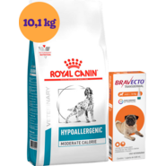 Kit Ração Royal Canin Veterinary Hypoallergenic Moderada para Cães Adultos 10,1Kg e Antipulgas Bravecto 250 mg - KIT