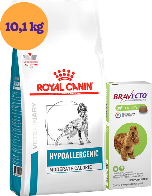 Kit Ração Royal Canin Veterinary Hypoallergenic Moderada para Cães Adultos 10,1Kg e Antipulgas Bravecto 10-20Kg KIT - KIT