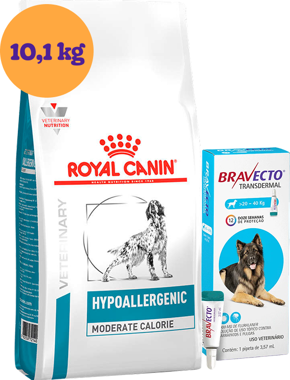 Kit Ração Royal Canin Veterinary Hypoallergenic Moderada para Cães Adultos 10,1Kg e Antipulgas Bravecto 20-40Kg KIT - KIT