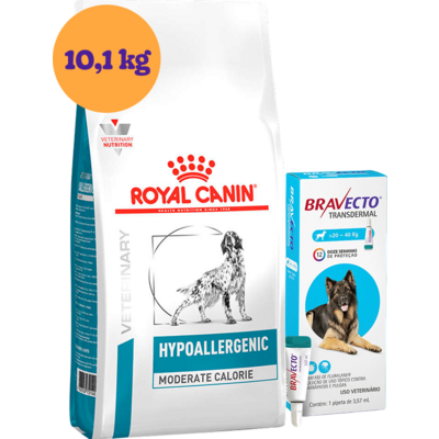 Kit Ração Royal Canin Veterinary Hypoallergenic Moderada para Cães Adultos 10,1 kg e Antipulgas Bravecto 20-40 kg - KIT