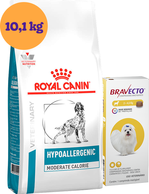 Kit Ração Royal Canin Veterinary Hypoalergênica Moderada para Cães Adultos 10,1Kg e Antipulgas Bravecto 112,5 mg KIT - KIT