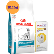 Kit Ração Royal Canin Veterinary Hypoalergênica Moderada para Cães Adultos 10,1Kg e Antipulgas Bravecto 112,5 mg - KIT