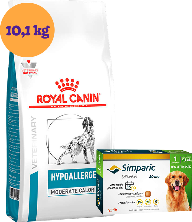 Kit Ração Royal Canin Veterinary Hypoallergenic Moderada 10,1Kg para Cães + Antipulgas Simparic 80 mg KIT - KIT