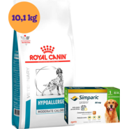 Kit Ração Royal Canin Veterinary Hypoallergenic Moderada 10,1Kg para Cães + Antipulgas Simparic 80 mg - KIT