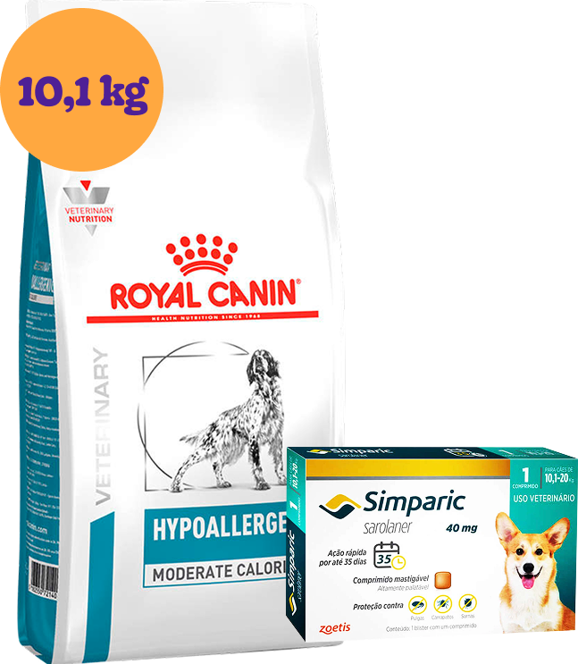 Kit Ração Royal Canin Veterinary Hypoallergenic Moderada para Cães Adultos 10,1Kg e Antipulgas Simparic 40 mg KIT - KIT