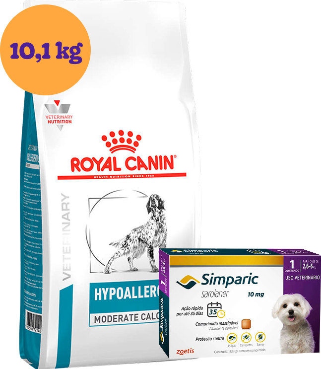 Kit Ração Royal Canin Veterinary Hypoallergenic Moderada 10,1kg para Cães Adultos e Antipulgas Simparic 10mg KIT - KIT