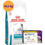 Kit Ração Royal Canin Veterinary Hypoallergenic Moderada 10,1kg para Cães Adultos e Antipulgas Simparic 10mg - KIT