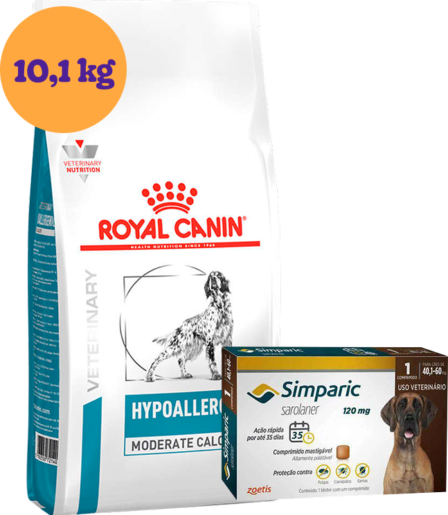 Kit Ração Royal Canin Veterinary Hypoallergenic Moderada para Cães Adultos 10,1kg e Antipulgas Simparic 120mg KIT - KIT