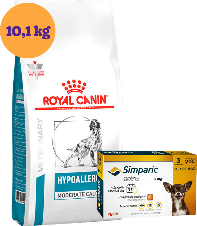 Kit Ração Royal Canin Veterinary Hipoalergênica Moderada para Cães Adultos 10,1Kg e Antipulgas Simparic 5 mg KIT - KIT