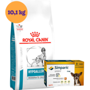 Kit Ração Royal Canin Veterinary Hipoalergênica Moderada para Cães Adultos 10,1Kg e Antipulgas Simparic 5 mg - KIT