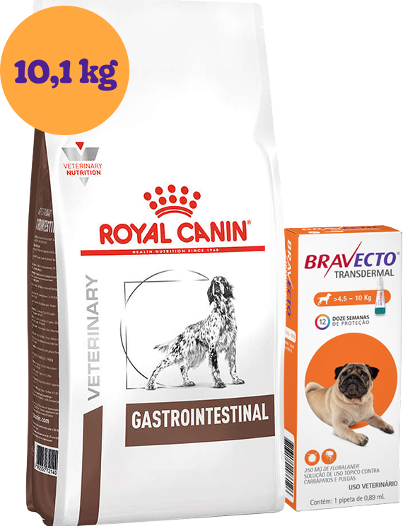Kit Ração Royal Canin Gastro Intestinal Low Fat para Cães Adultos 10,1Kg e Antipulgas Bravecto 250 mg KIT - KIT