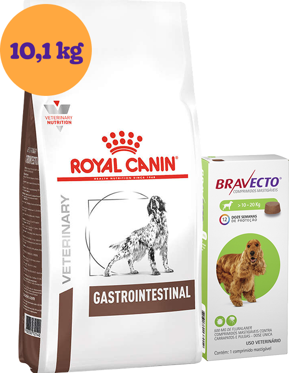 Kit Ração Royal Canin Gastro Intestinal Low Fat para Cães Adultos 10,1Kg e Antipulgas Bravecto 10-20Kg KIT - KIT
