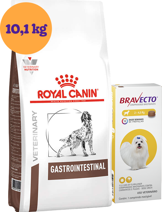 Kit Ração Royal Canin Gastro Intestinal Low Fat Cães Adultos 10,1Kg e Antipulgas Bravecto Cães 2 a 4,5Kg KIT - KIT