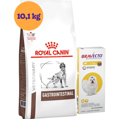 Kit Ração Royal Canin Gastro Intestinal Low Fat Cães Adultos 10,1 Kg e Antipulgas Bravecto Cães 2 a 4,5 Kg - KIT