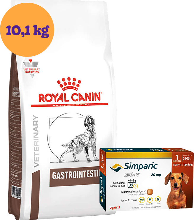 Kit Ração Royal Canin Gastro Intestinal Low Fat Cães Adultos 10,1Kg e Antipulgas Simparic 20 mg Cães 5,1 a 10Kg KIT - KIT
