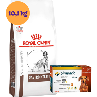 Kit Ração Royal Canin Gastro Intestinal Low Fat Cães Adultos 10,1 Kg e Antipulgas Simparic 20 mg Cães 5,1 a 10 Kg - KIT