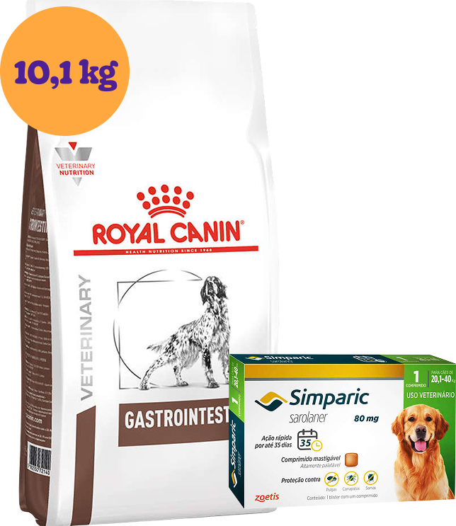 Kit Ração Royal Canin Gastro Intestinal Low Fat 10,1kg para Cães Adultos e Antipulgas Simparic 80mg KIT - KIT