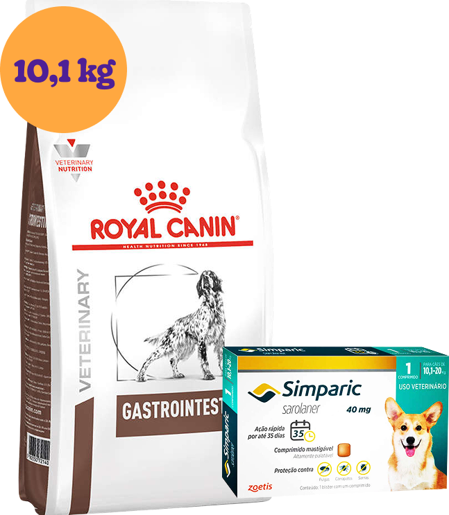 Kit Ração Royal Canin Gastro Intestinal Low Fat Cães Adultos 10,1Kg e Antipulgas Simparic 40 mg Cães 10,1 a 20Kg KIT - KIT