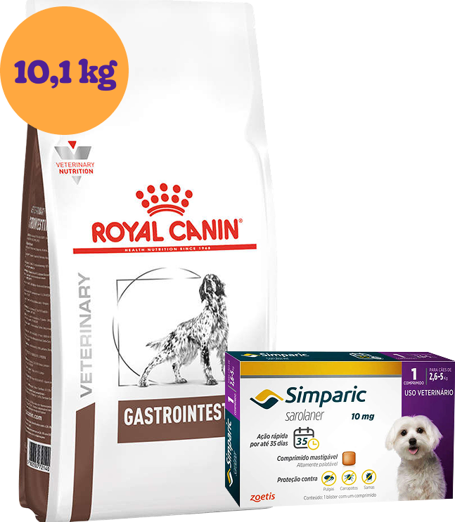 Kit Ração Royal Canin Gastro Intestinal Low Fat Cães Adultos 10,1kg e Antipulgas Simparic 10mg Cães 2,6 a 5kg KIT - KIT