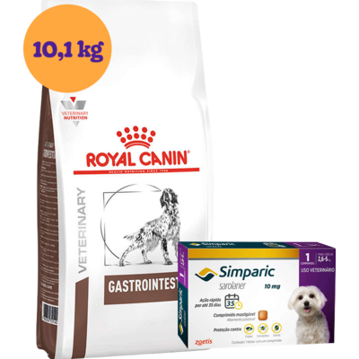 Kit Ração Royal Canin Gastro Intestinal Low Fat Cães Adultos 10,1kg e Antipulgas Simparic 10mg Cães 2,6 a 5kg - KIT