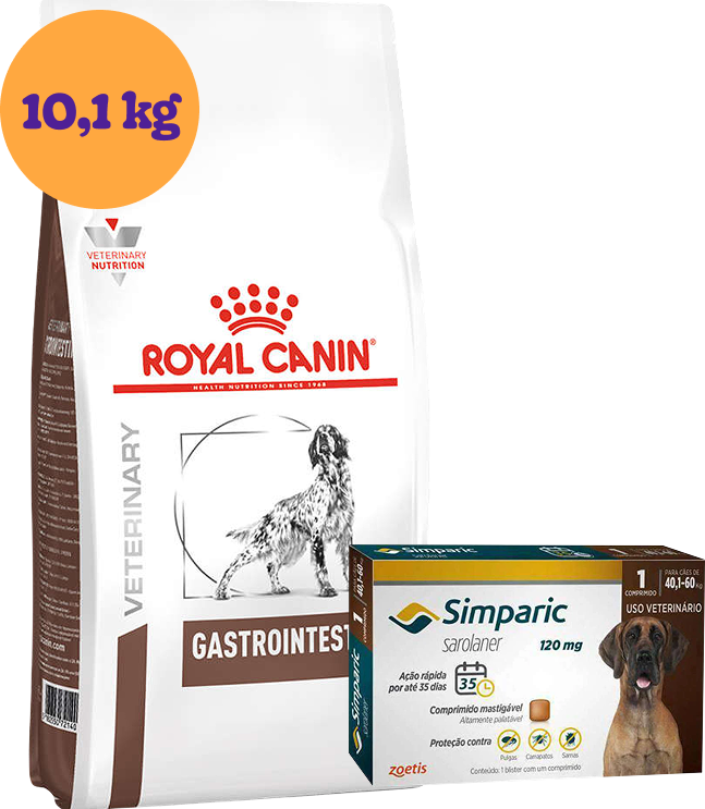 .Kit Ração Royal Canin Gastro Intestinal Low Fat Cães Adultos 10,1Kg e Antipulgas Simparic 120 mg Cães 40,1-60Kg KIT - KIT