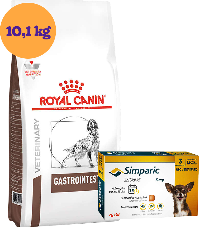 Kit Ração Royal Canin Gastro Intestinal Low Fat 10,1kg para Cães Adultos e Antipulgas Simparic 5mg KIT - KIT