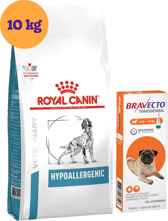 Kit Ração Royal Canin Hipoalergênica para Cães Adultos 10Kg e Antipulgas Bravecto 250 mg KIT - KIT