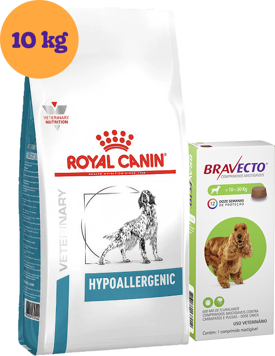 Kit Ração Royal Canin Canine Hypoallergenic 10kg para Cães Adultos e Antipulgas Bravecto 500mg para Cães 10-20kg KIT - KIT