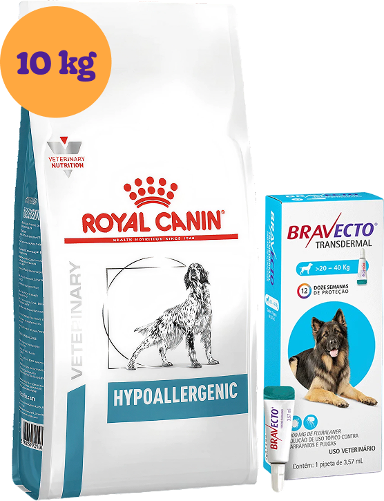 Kit Ração Royal Canin Canine Hypoallergenic 10kg para Cães Adultos e Antipulgas Bravecto 1000mg para Cães 20-40kg KIT - KIT