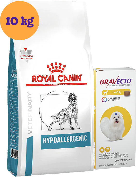 .Kit Ração Royal Canin Canine Hypoallergenic 10Kg + Antipulgas Bravecto 112,5 mg para Cães 2-4,5Kg KIT - KIT