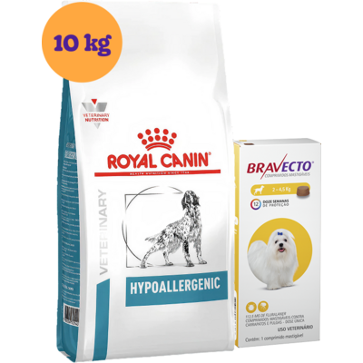 Kit Ração Royal Canin Canine Hypoallergenic 10 Kg + Antipulgas Bravecto 112,5 mg para Cães 2-4,5 Kg - KIT