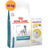 Kit Ração Royal Canin Canine Hypoallergenic 10Kg + Antipulgas Bravecto 112,5 mg para Cães 2-4,5Kg - KIT