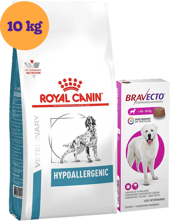 Kit Ração Royal Canin Canine Hypoallergenic 10Kg para Cães Adultos e Kit Antipulgas Bravecto 1400 mg para Cães KIT - KIT