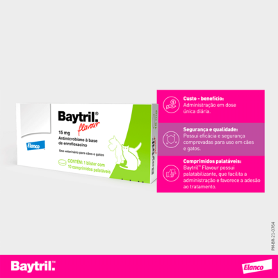 Antimicrobiano Elanco Baytril Flavour 15 mg para Cães e Gatos