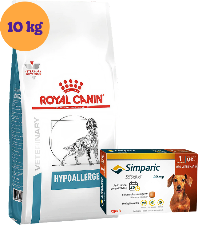 Kit Ração Royal Canin Canine Hypoallergenic 10Kg e Antipulgas Simparic 20 mg para Cães 5,1 a 10Kg KIT - KIT