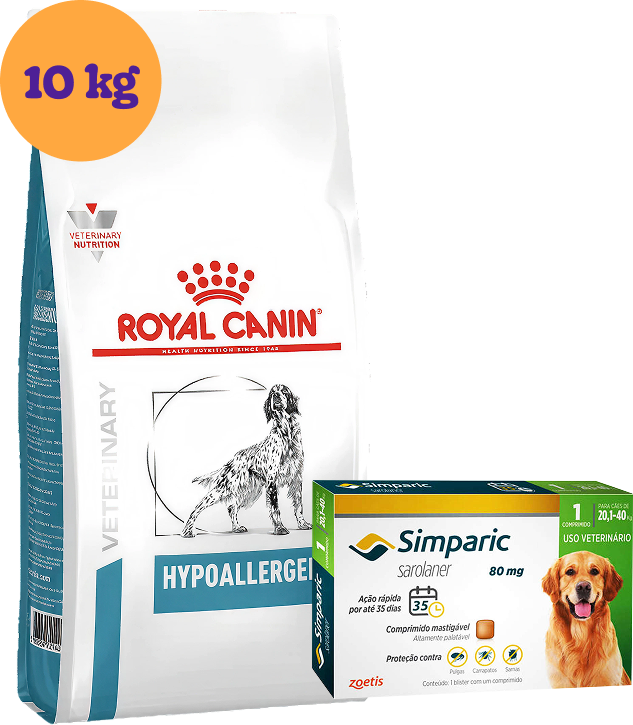 Kit Ração Royal Canin Canine Hypoallergenic 10Kg para Cães Adultos + Antipulgas Simparic 80 mg KIT - KIT