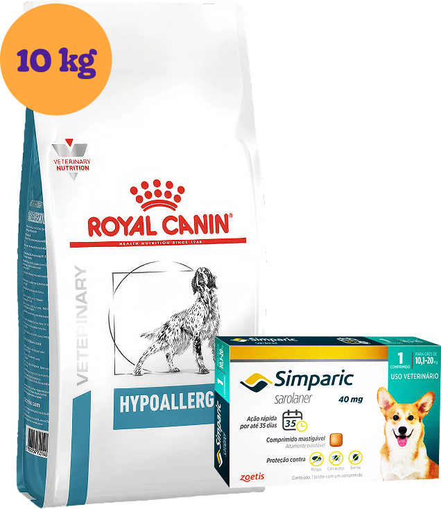 Kit Ração Royal Canin Canine Hypoallergenic 10Kg e Antipulgas Simparic 40 mg para Cães KIT - KIT
