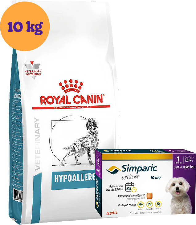 Kit Ração Royal Canin Canine Hypoallergenic 10kg e Antipulgas Simparic 10mg para Cães KIT - KIT