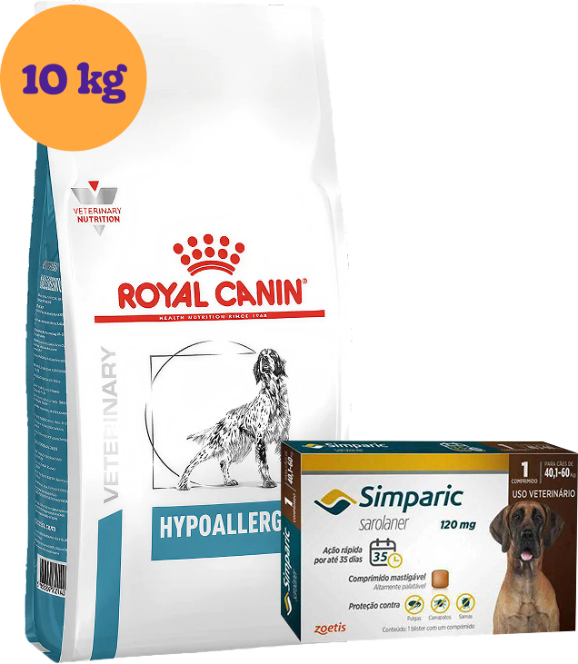 Kit Ração Royal Canin Canine Hypoallergenic 10kg e Antipulgas Simparic 120mg para Cães 40,1 a 60kg KIT - KIT