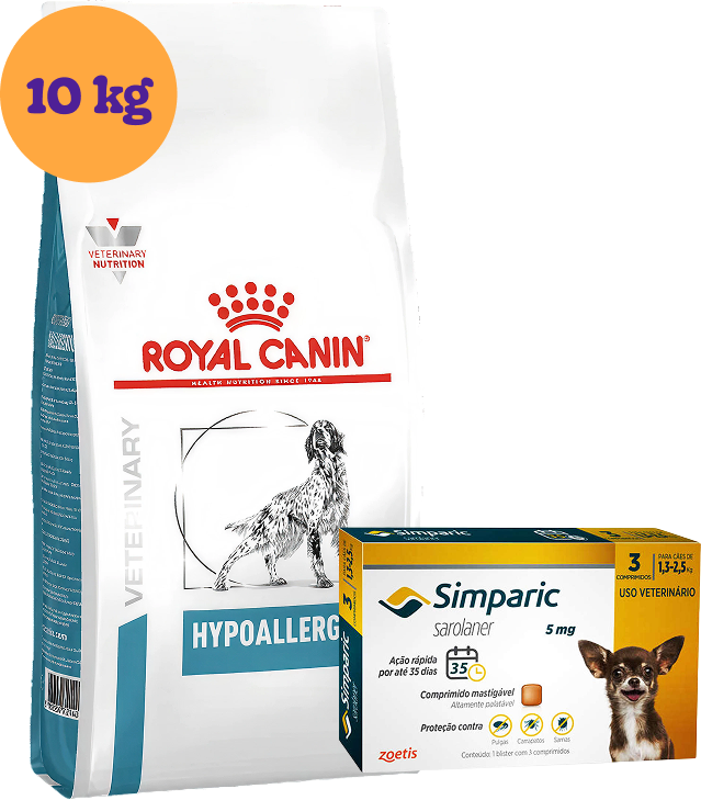 Kit Ração Royal Canin Canine Hypoallergenic 10Kg para Cães Adultos + Antipulgas Simparic 5 mg KIT - KIT