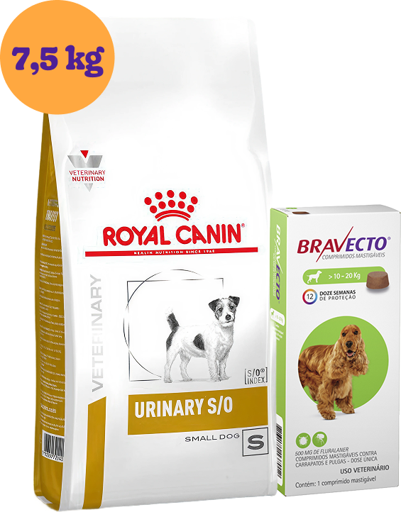 Kit Ração Royal Canin Urinary para Cães Pequenos 7,5Kg e Antipulgas Bravecto para Cães 10 a 20Kg KIT - KIT