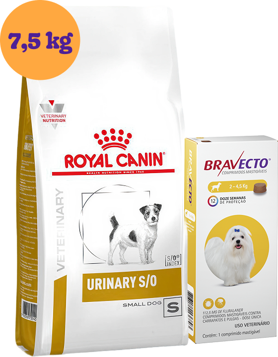 Kit Ração Royal Canin Urinary para Cães Pequenos 7,5Kg e Kit Antipulgas Bravecto para Cães 2 a 4,5Kg 112,5 mg - KIT