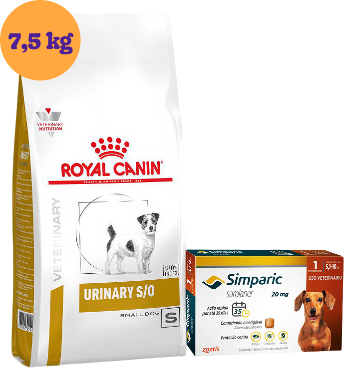 Kit Ração Royal Canin Urinary para Cães Pequenos 7,5Kg e Antipulgas Simparic 20 mg para Cães 5,1 a 10Kg KIT - KIT