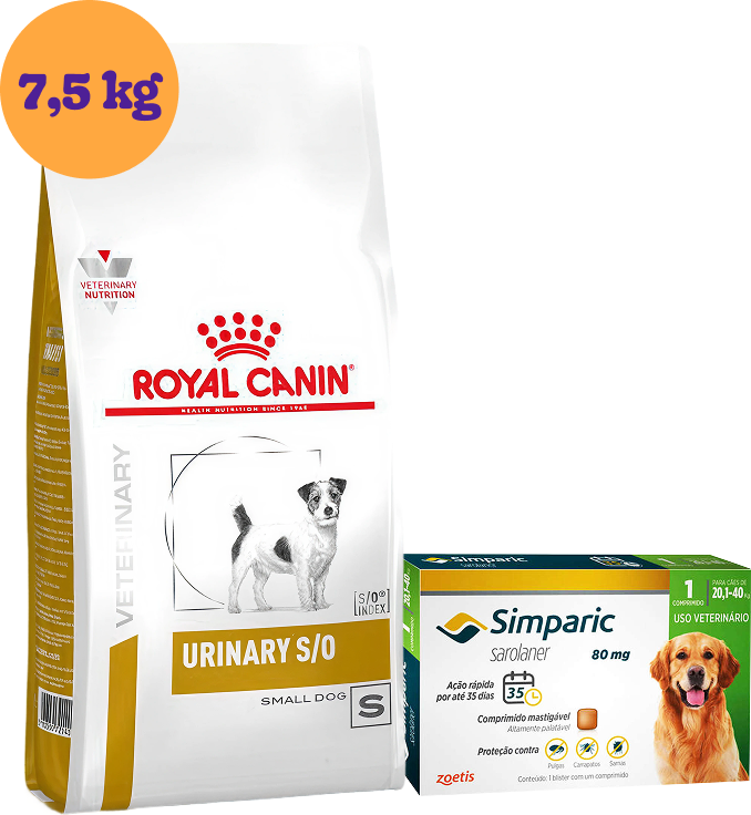 Kit Ração Royal Canin Urinary para Cães Pequenos 7,5Kg e Antipulgas Simparic 80 mg para Cães 20,1 a 40Kg KIT - KIT