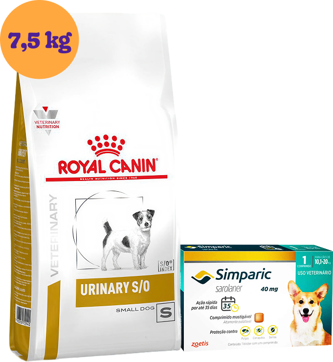Kit Ração Royal Canin Urinary para Cães Pequenos 7,5Kg e Antipulgas Simparic 40 mg para Cães 10,1 a 20Kg KIT - KIT