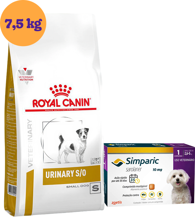 Kit Ração Royal Canin Urinary Small Dog 7,5Kg e Antipulgas Simparic 10 mg para Cães 2,6 a 5Kg KIT - KIT