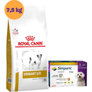 Kit Ração Royal Canin Urinary Small Dog 7,5Kg e Antipulgas Simparic 10 mg para Cães 2,6 a 5Kg - KIT