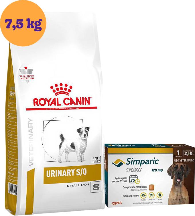 Kit Ração Royal Canin Urinary Small Dog 7,5Kg e Antipulgas Simparic 120 mg para Cães 40,1 a 60Kg KIT - KIT