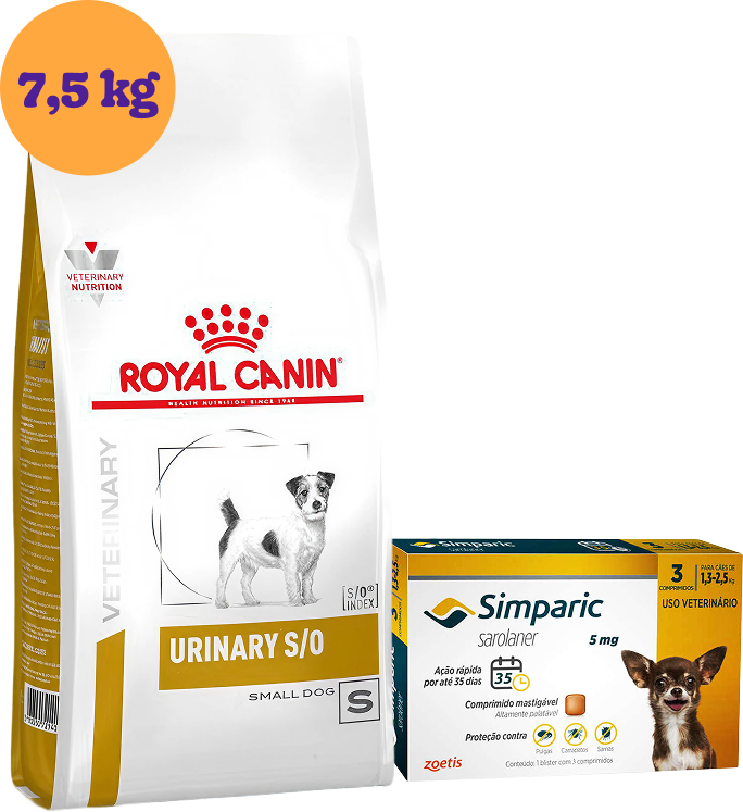 Kit Ração Royal Canin Urinary para Cães Pequenos 7,5Kg e Antipulgas Simparic 5 mg para Cães 1,3 a 2,5Kg KIT - KIT