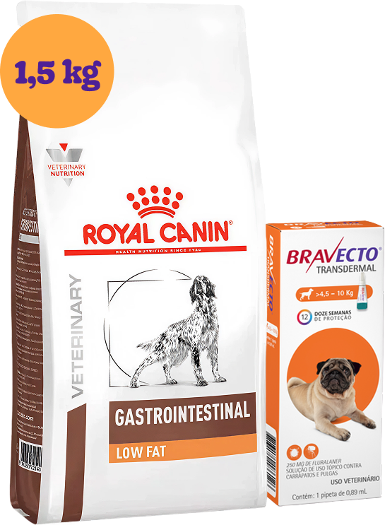 Kit Ração Royal Canin Gastro Intestinal Low Fat Cães Adultos 1,5Kg e Antipulgas Bravecto Cães 4,5 a 10Kg KIT - KIT